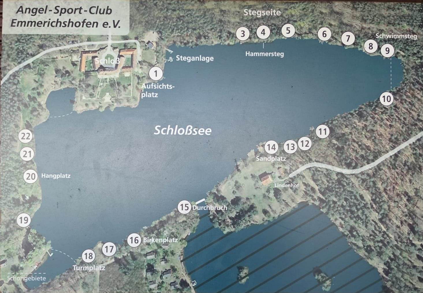 Offizielle Angelkarte des ASC Emmerichshofen: Luftbild des Schloßsees mit den nummerierten Angelplätzen 1 bis 22